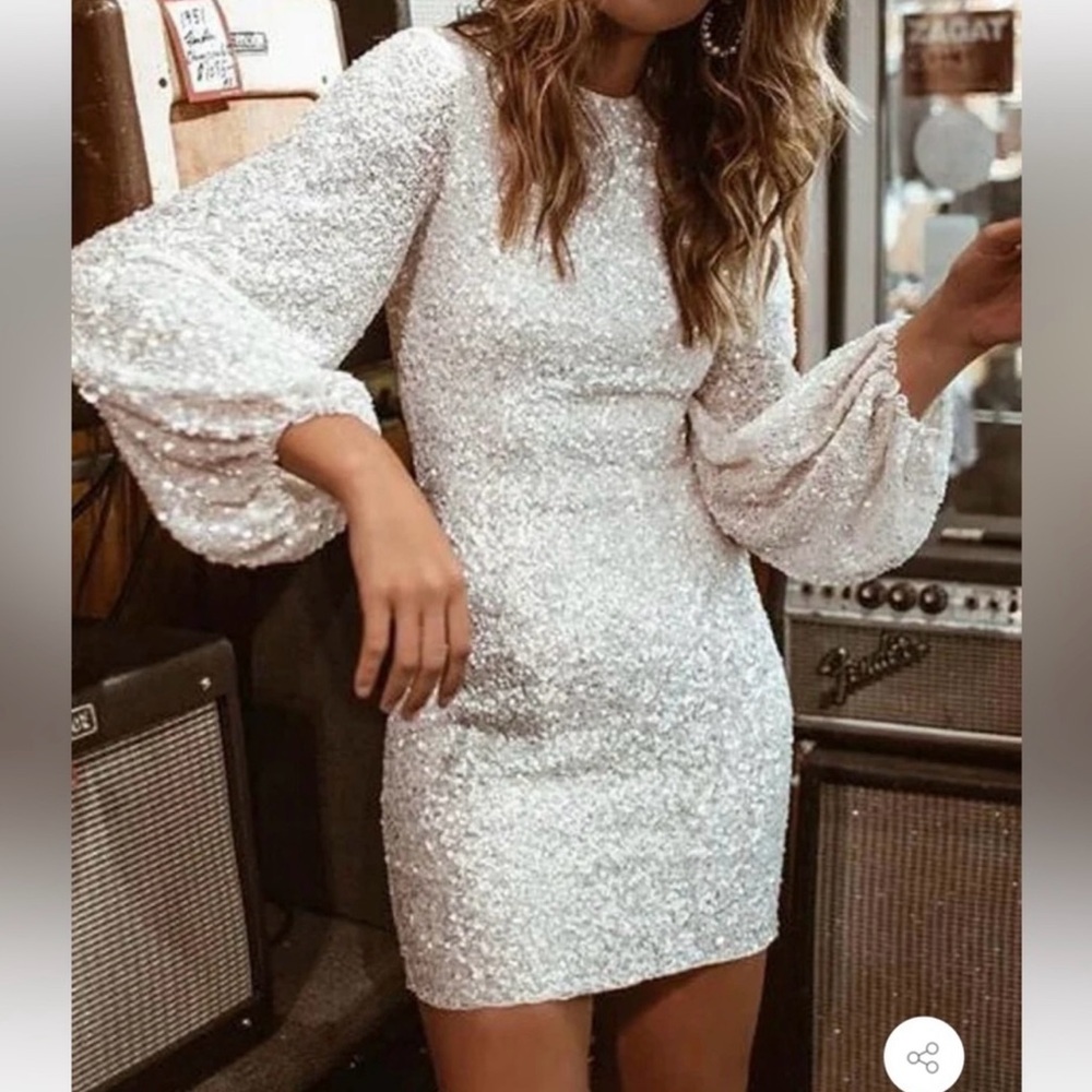 BHLDN Goldie Sequin Dress Long Sleeve Size 6 White Bridal